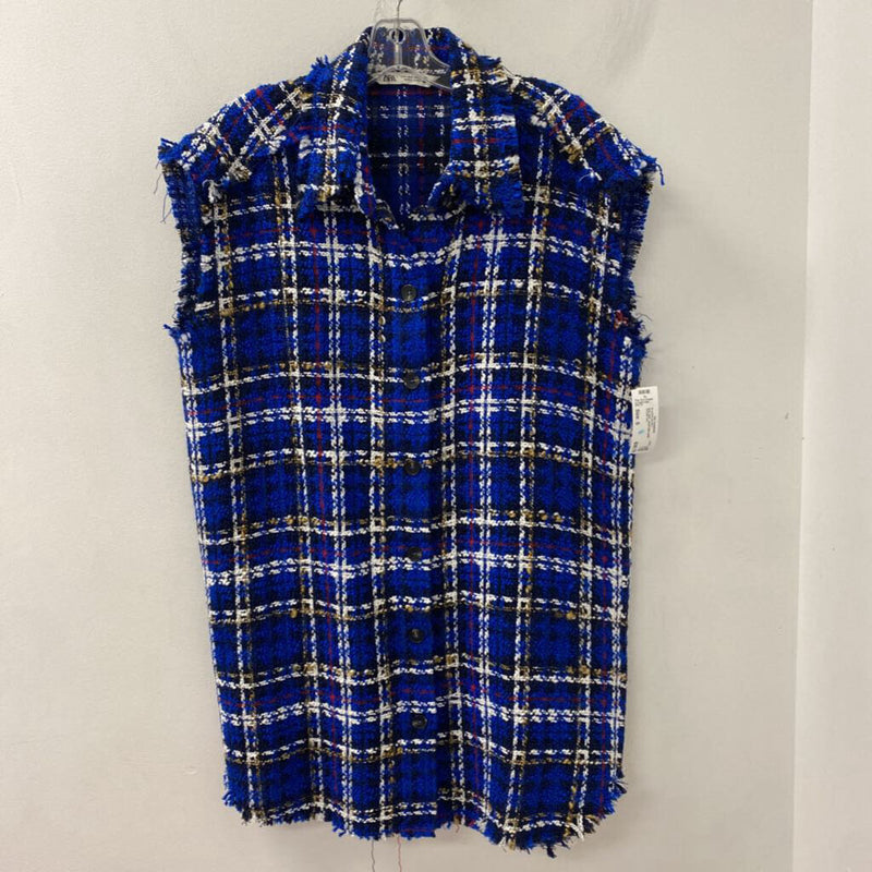 ZARA WOMEN'S BLAZER/JACKET royal blue plaid S