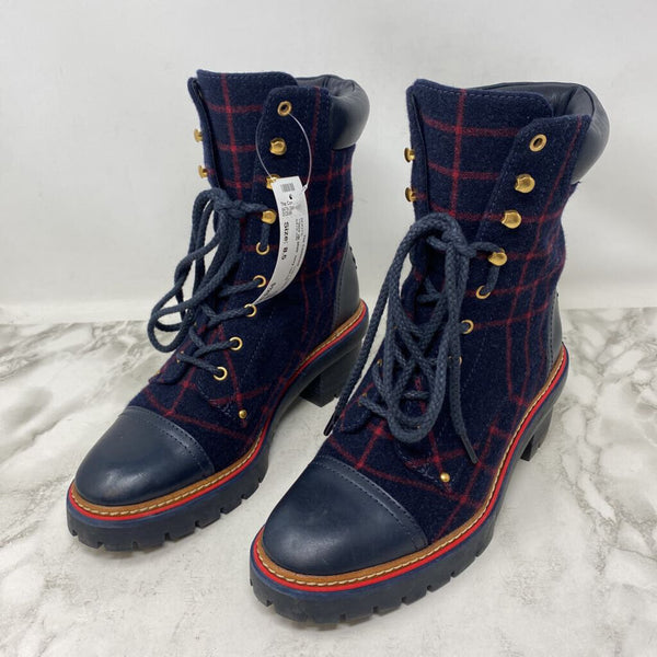 TORY BURCH WOMEN'S BOOTS navy red mix 8.5