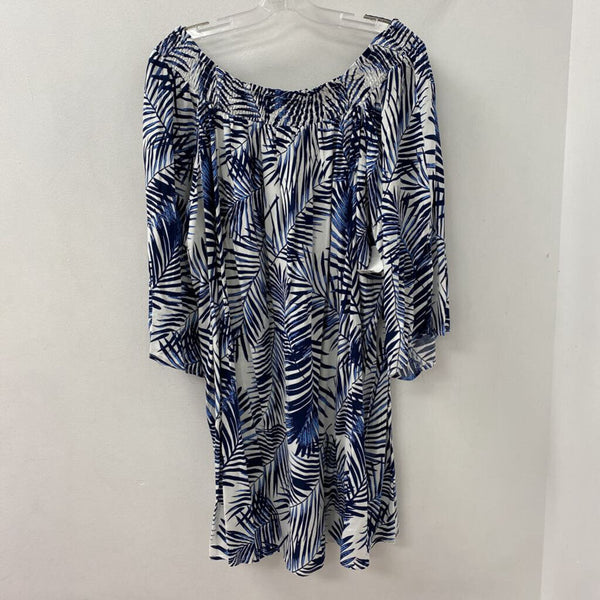 Molly Bracken WOMEN'S PLUS TOP white blue frond print 3X