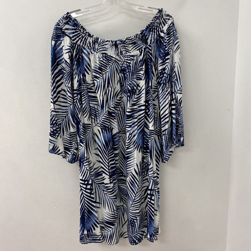 Molly Bracken WOMEN'S PLUS TOP white blue frond print 3X