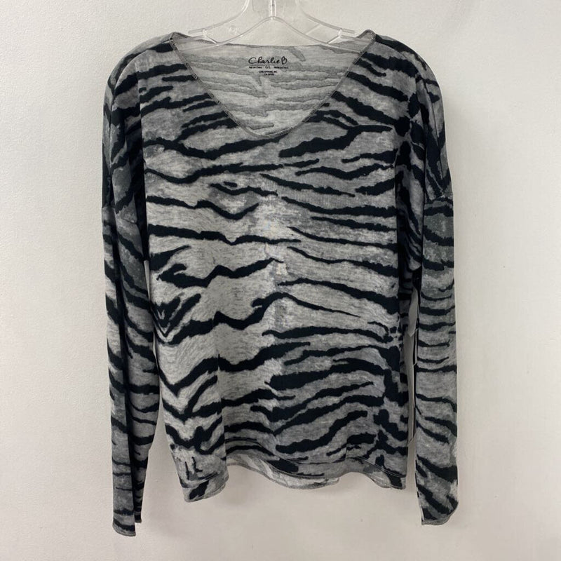 CHARLIE B WOMEN'S TOP grey black animal print L