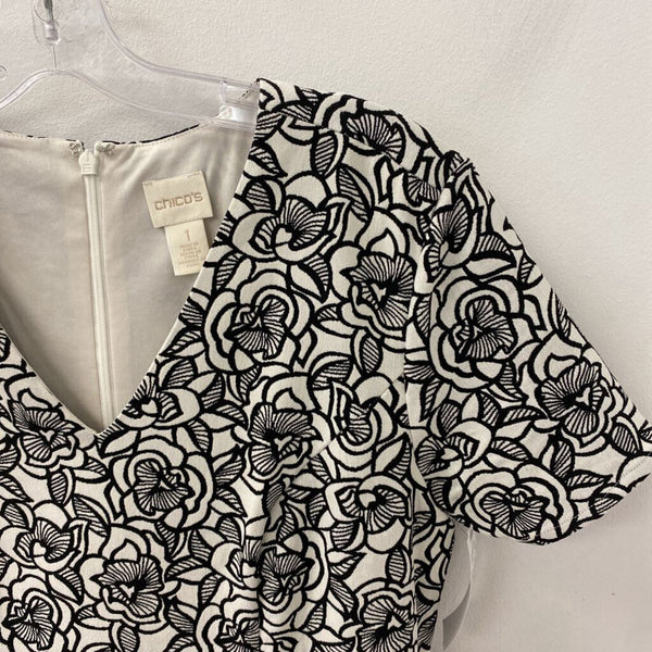 CHICOS WOMEN'S DRESS white black floral S/1
