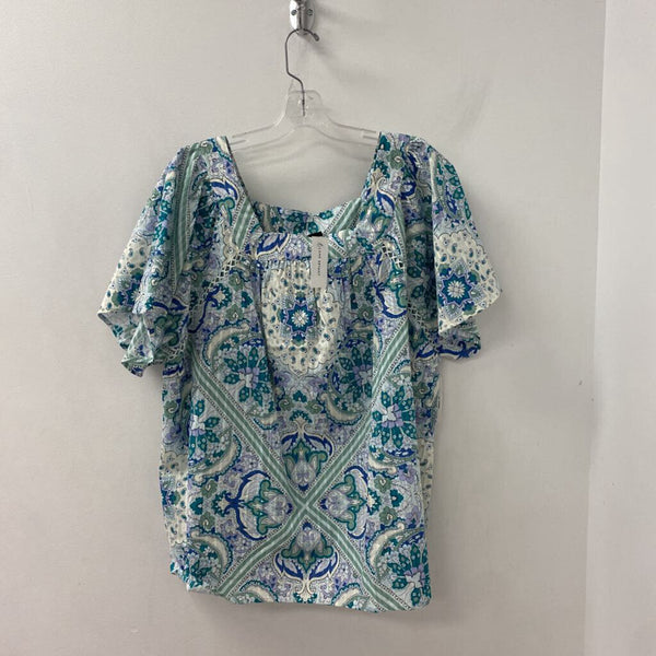 LANE BRYANT WOMEN'S PLUS TOP blue turquoise white print 18/20