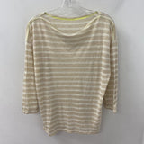 J CREW WOMEN'S T-SHIRT beige stripe w/neon topstitch L