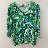 TALBOTS WOMEN'S SWEATER white green leaf print turquoise L