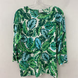 TALBOTS WOMEN'S SWEATER white green leaf print turquoise L