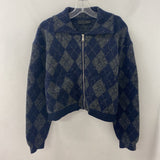 ZARA WOMEN'S CARDIGAN navy grey argyle M