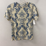 ANN TAYLOR WOMEN'S T-SHIRT cream blue damask print S
